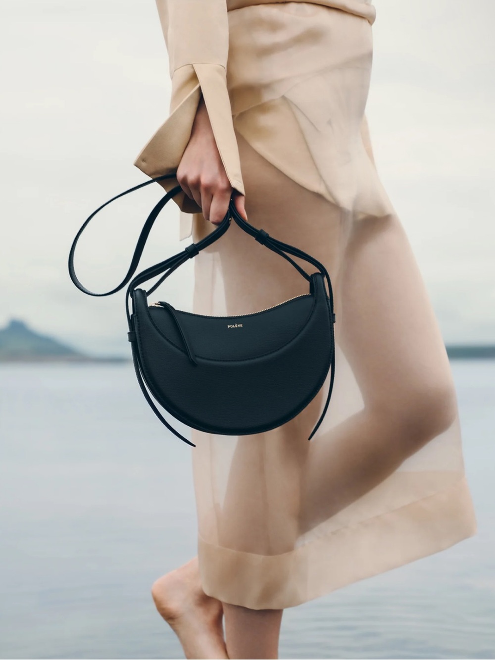 Polène Black Crescent Leather Shoulder Bag